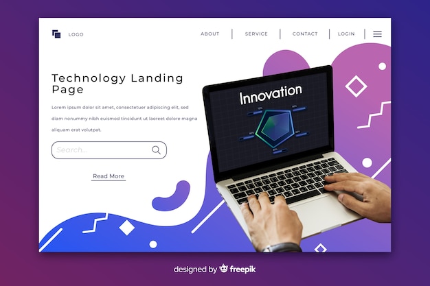 Free vector gradient fluid technology landing page with photo