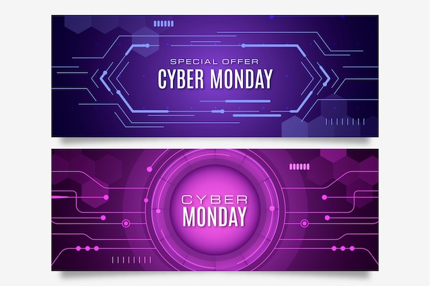 Free vector gradient futuristic cyber monday horizontal banners set