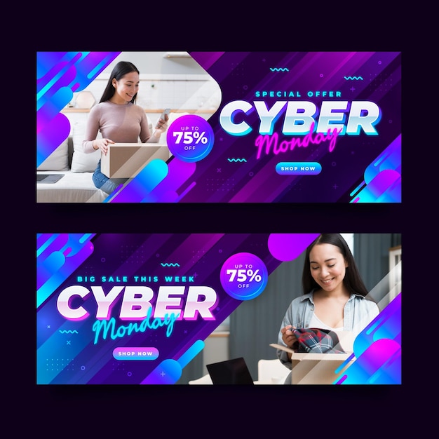 Gradient futuristic cyber monday horizontal banners set