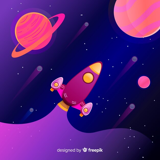 gradient galaxy background with a rocket