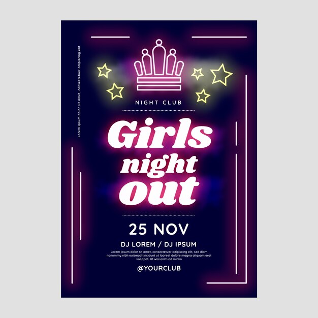 Gradient girls night neon light flyer template