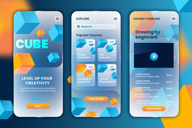 Free vector gradient glassmorphism mobile app template