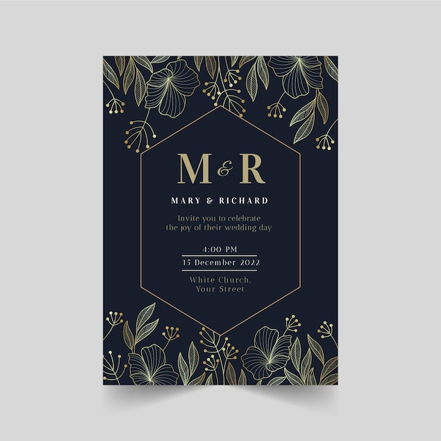 Gradient golden floral wedding invitation template