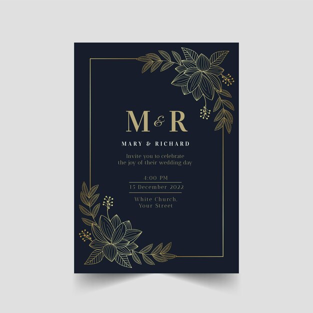 Gradient golden floral wedding invitation template