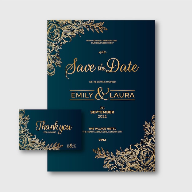 Gradient golden floral wedding invitation