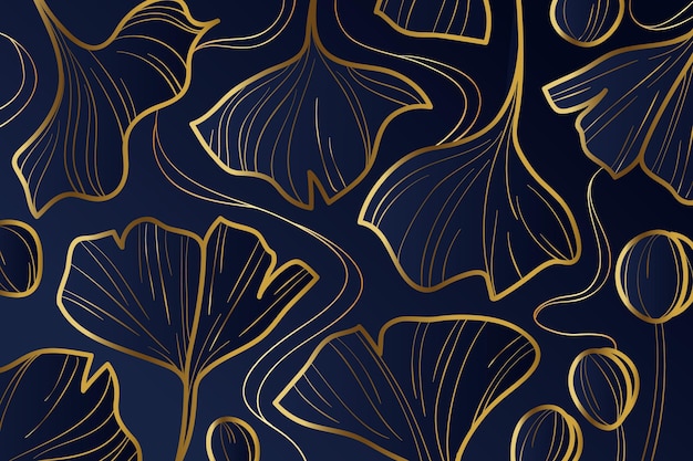 Gradient golden linear background with ginkgo biloba leaves