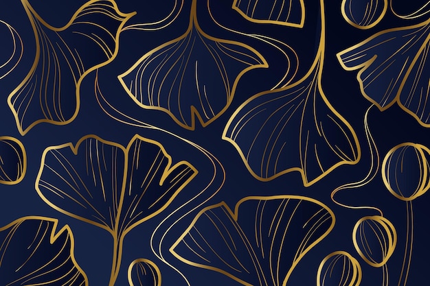 Градиентный золотой линейный фон с листьями гинкго билоба