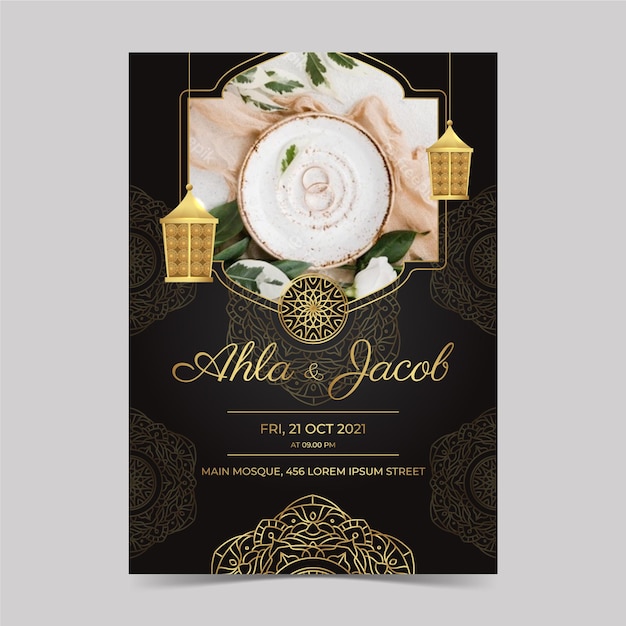 Gradient golden luxury muslim wedding invitation