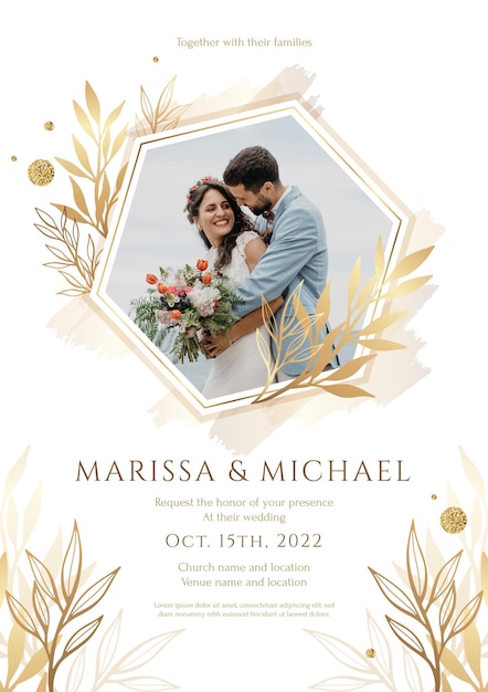 Gradient golden luxury wedding invitation with photo