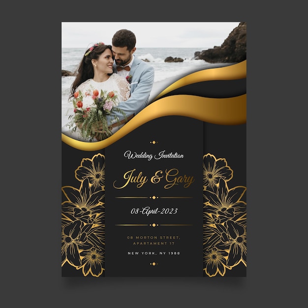 Gradient golden luxury wedding invitation with photo