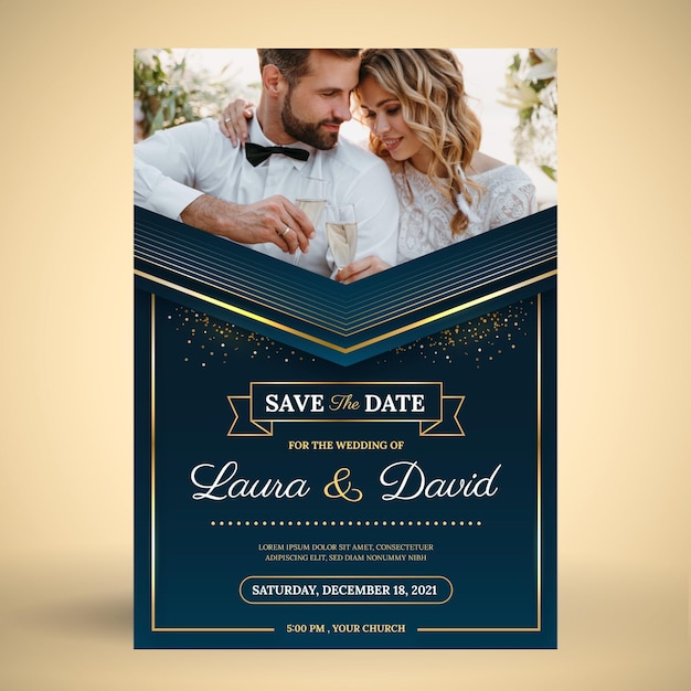 Gradient golden luxury wedding invitation with photo