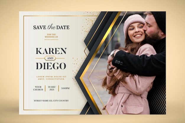 Free vector gradient golden luxury wedding invitation with photo