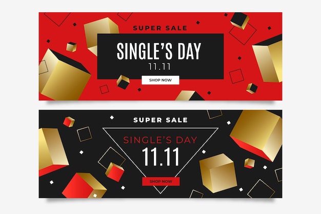 Free vector gradient golden and red single's day horizontal sale banners set