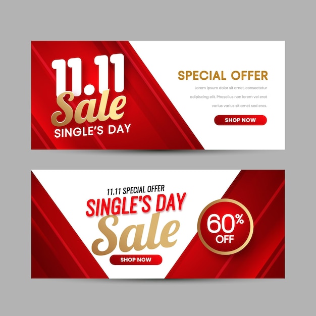 Gradient golden and red single's day horizontal sale banners set