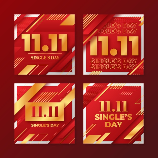 Free vector gradient golden and red single's day instagram posts collection