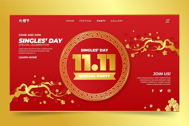 Gradient golden and red single's day landing page template