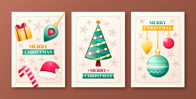 Gradient greeting cards collection for christmas season celebration with ornaments and tree