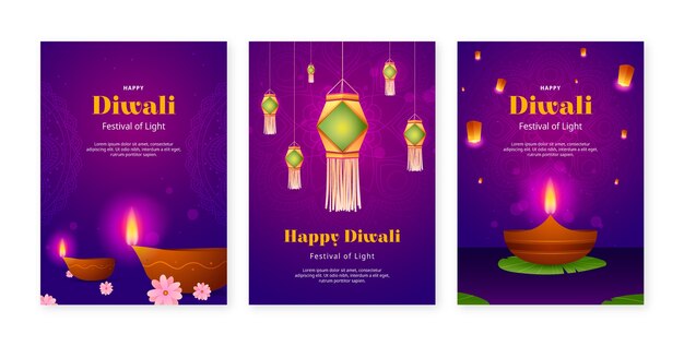 Free vector gradient greeting cards collection for diwali hindu festival celebration