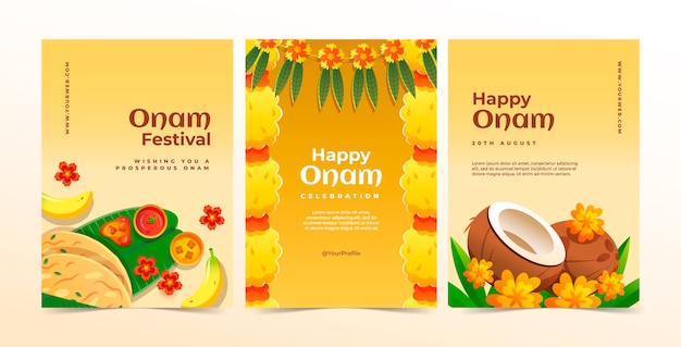 무료 벡터 onam 축제 축하를 위한 그라데이션 인사말 카드 컬렉션