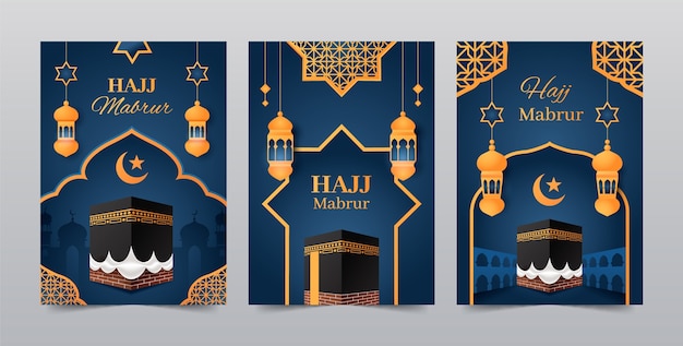Gradient greeting cards collection for hajj religious pilgrimage