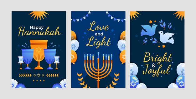 Vettore gratuito collezione di biglietti d'auguri sfumati per la celebrazione di hanukkah