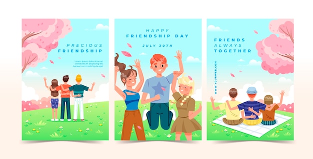 Free vector gradient greeting cards collection for international friendship day celebration