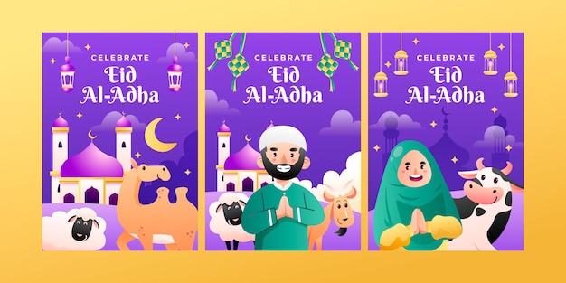 이슬람 eid al-adha 축하를 위한 그라데이션 인사말 카드 컬렉션