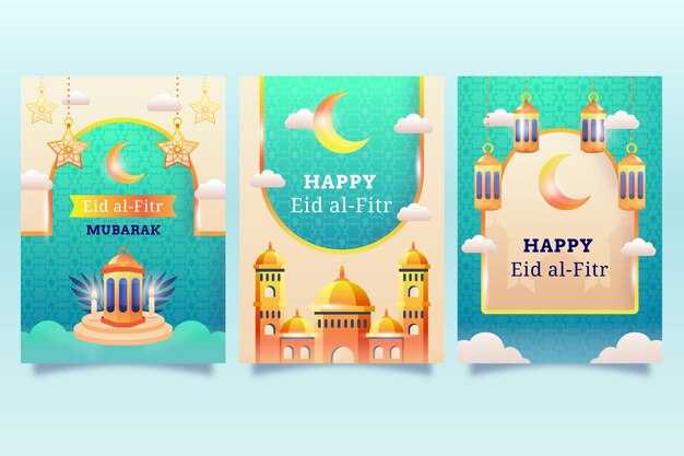 Коллекция градиентных поздравительных открыток для празднования исламского ид аль-фитр