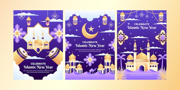 Gradient greeting cards collection for islamic new year celebration