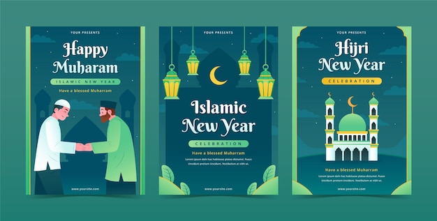 Free vector gradient greeting cards collection for islamic new year celebration