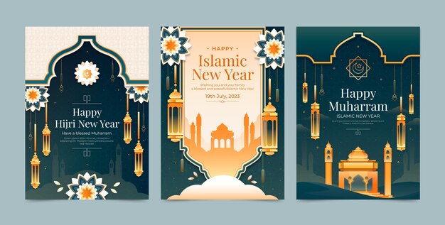 이슬람 신년 축하를 위한 그라데이션 인사말 카드 컬렉션