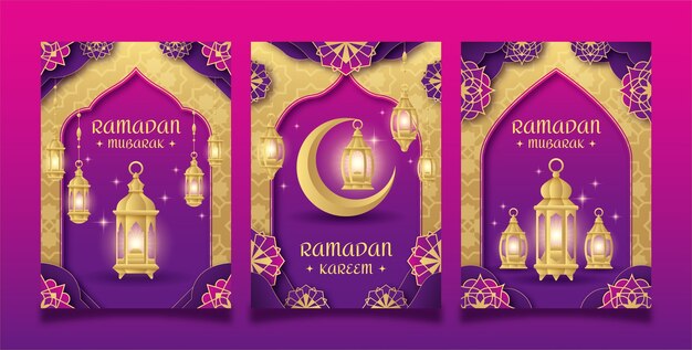 Коллекция градиентных поздравительных карточек для исламского празднования Рамадана.