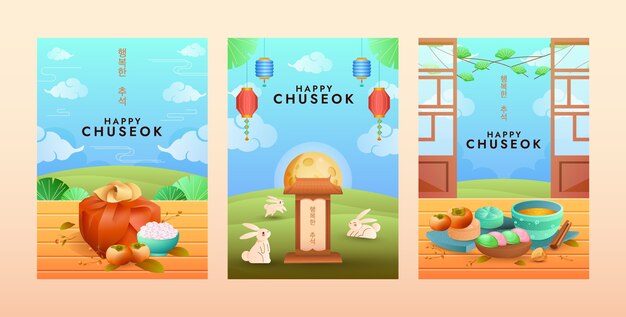 Gradient greeting cards collection for korean chuseok festival celebration