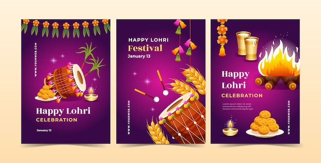 Free vector gradient greeting cards collection for lohri festival