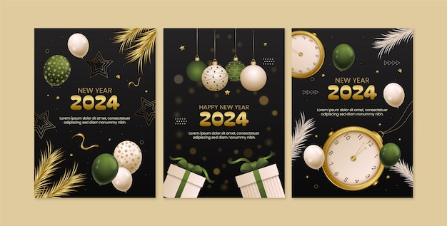 2024년 새해 축하를 위한 그래디언트 그리팅 카드 컬렉션