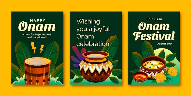 Free vector gradient greeting cards collection for onam festival celebration