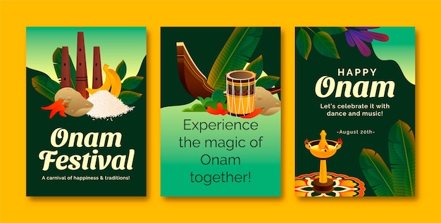 Gradient greeting cards collection for onam festival celebration