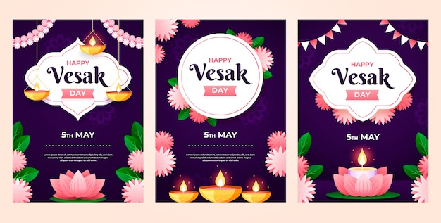 Free vector gradient greeting cards collection for vesak day festival celebration