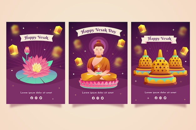 Free vector gradient greeting cards collection for vesak day festival celebration