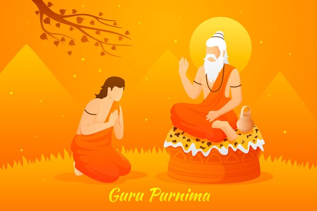 Gradient guru purnima background with bearded monk and discipol