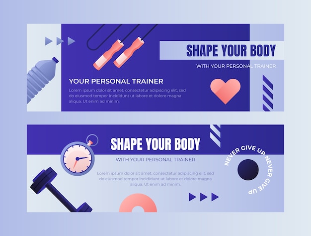 Gradient gym training and exercise horizontal sale banner template