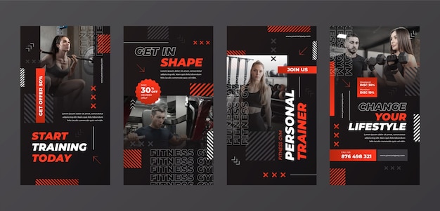 Free vector gradient gym training and exercise instagram stories collection