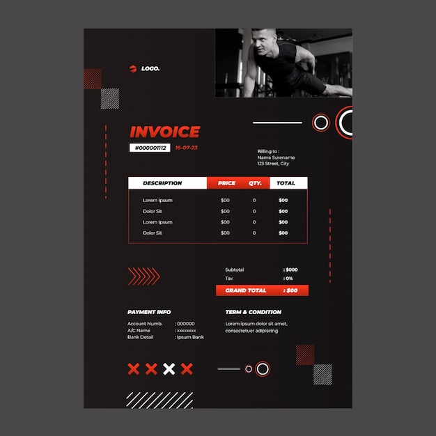 Free vector gradient gym training and exercise invoice template