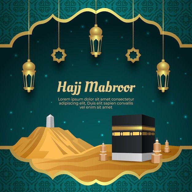 Vettore gratuito gradiente hajj illustrazione con mecca e lanterne