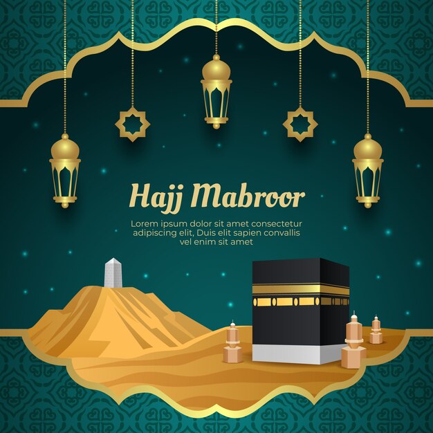 Gradient hajj illustration with mecca and lanterns