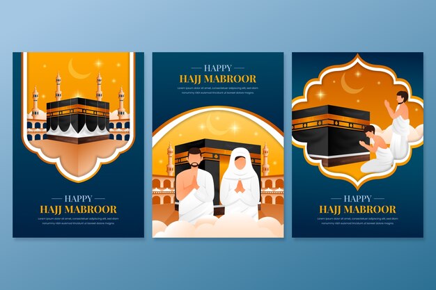 Gradient hajj mubarak cards collection with mecca