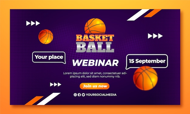 Шаблон баскетбольного вебинара с градиентным полутоновым изображением