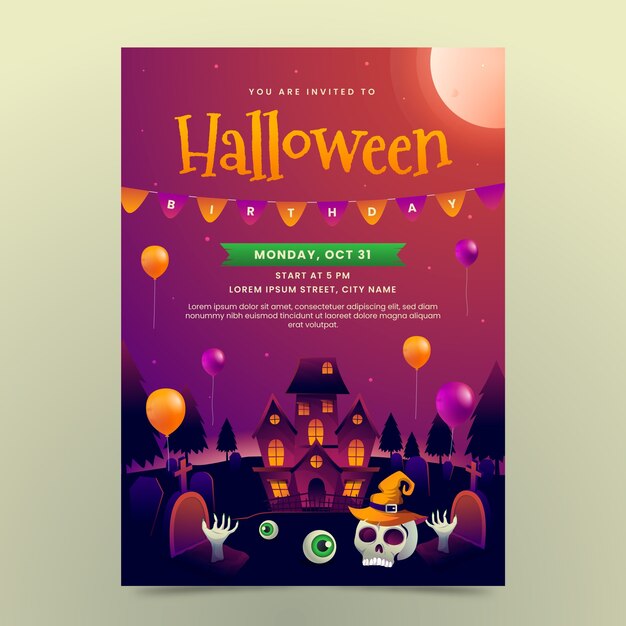 Vettore gratuito modello di invito di compleanno di halloween sfumato