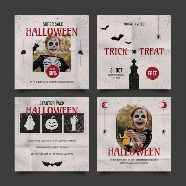 Free vector gradient halloween instagram posts collection with photo