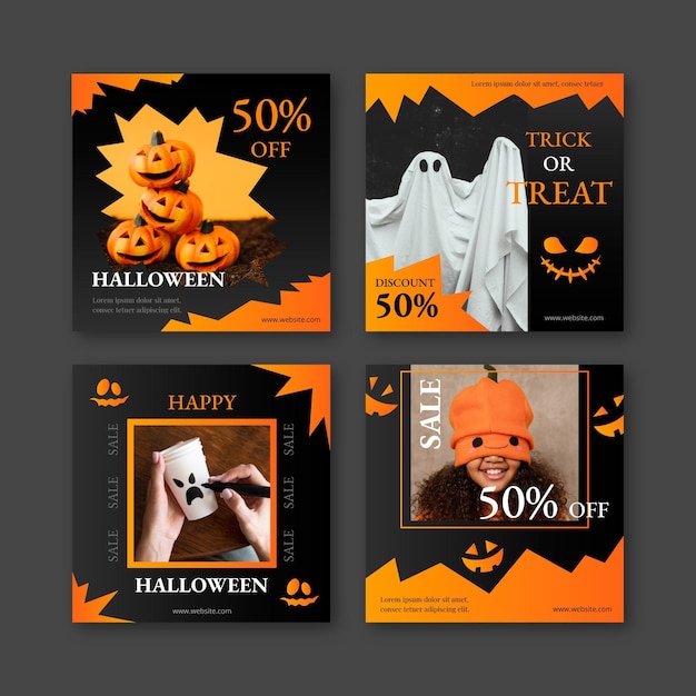 Gradient halloween instagram posts collection with photoinstagram stories collection